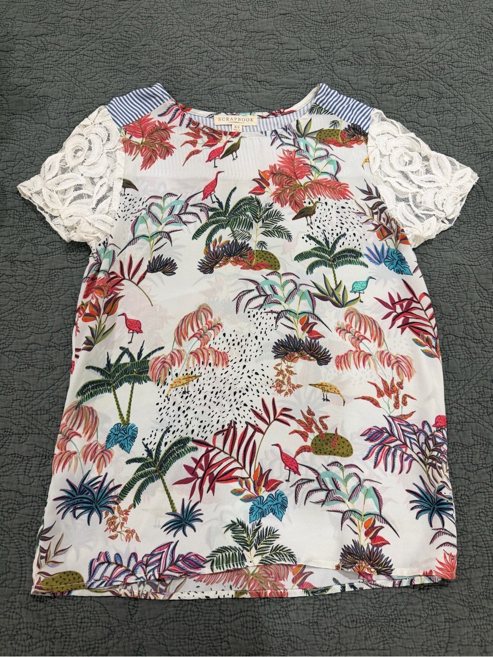 Scrapbook Lilly Blouse - Cream Tropical Print Lace-Sleeve